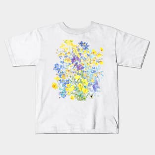 yellow blue purple flowers watercolor pattern Kids T-Shirt